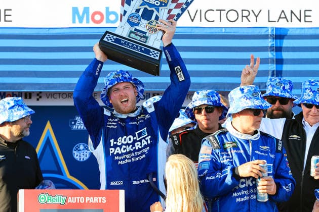 SAN DIEGO, CA - JUNE 20: Austin Hill ( 21 Richard Childress Racing 1-800-PACK-RAT Chevrolet) celebrates in Victory Lane after winning the NASCAR, Motorsport, USA Cup Series Anduril 250 Race the Base race on Saturday June 20, 2026 at Naval Base Coronado in San Diego, CA. (Photo by David J. Griffin Icon Sportswire) AUTO: JUN 20 NASCAR Cup Series Anduril 250 Race the Base EDITORIAL USE ONLY Icon9532606205339