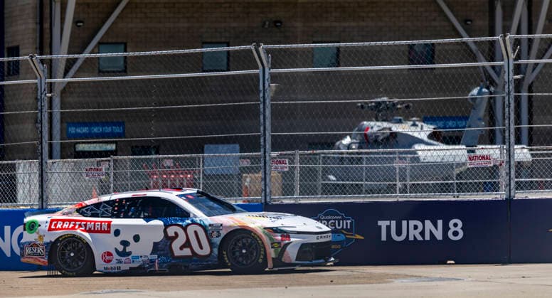 SAN DIEGO, CA - JUNE 20: Christopher Bell of the 20 Joe Gibbs Racing Craftsman Racing For A Miracle Toyota at turn 8 during qualifying for the Anduril 250 NASCAR, Motorsport, USA Cup Series Race, Saturday, June 20, 2026, at Naval Base Coronado in San Diego, California. (Photo by Tony Ding Icon Sportswire) AUTO: JUN 20 NASCAR Cup Series Anduril 250 Race the Base EDITORIAL USE ONLY Icon46520260620023250