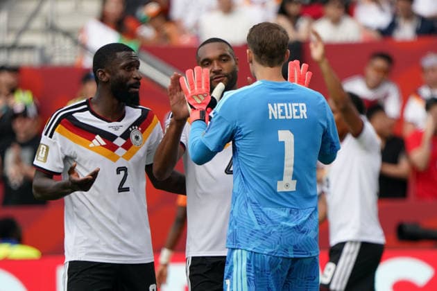 Soccer, 2026 World Cup, FIFA World Cup 2026, Soccer World Cup, Canada, USA, Mexico 2026, , Germany vs. Ivory Coast, Group Stage, Group E, June 20, 2026, Toronto Stadium, Canada, Antonio Rüdiger, Jonathan Tah, Manuel Neuer, Germany celebrating; photo by Chai von der Laage. FIFA regulations prohibit any use of photographs as image sequences and or quasi-video. EDITORIAL USE ONLY,,detected_source_language