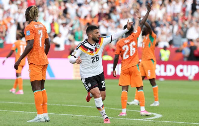 (260621) -- TORONTO, June 21, 2026 -- Deniz Undav (C) of Germany celebrate scoring during the group E match between Germany and Cote d Ivoire at the 2026 FIFA World Cup, WM, Weltmeisterschaft, Fussball at Toronto Stadium in Toronto, Canada, on June 20, 2026. (Photo by Xinhua) (SP)CANADA-TORONTO-FOOTBALL-FIFA WORLD CUP-GROUP E-GER VS CIV ZouxZheng 
