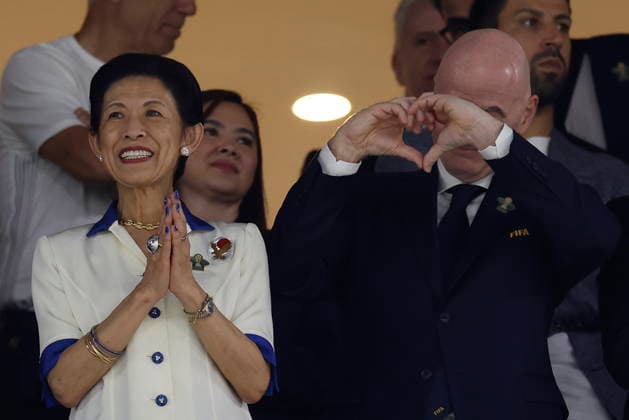 FIFA World Cup, WM, Weltmeisterschaft, Fussball 2026 - Group F - Tunisia vs. Japan Hisako, Princess Takamado (L) applauds alongside FIFA President Gianni Infantino (R), during the 2026 FIFA World Cup Group F soccer match between Tunisia and Japan at the at BBVA stadium in Monterrey, Mexico, 20 June 2026. Monterrey Mexico  Copyright: xSashenkaxGutiérrezx