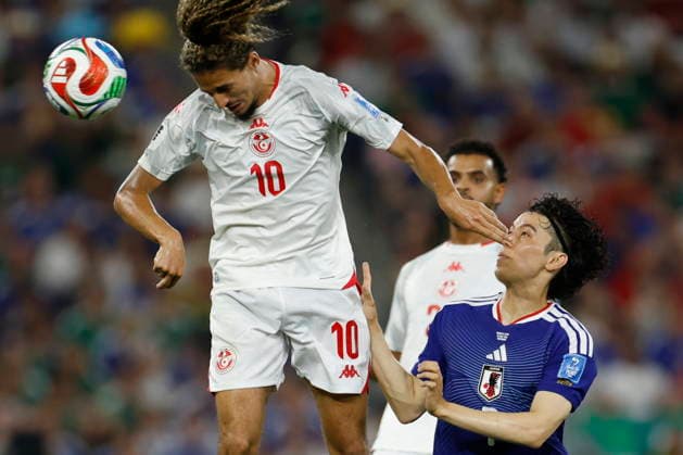 FIFA World Cup, WM, Weltmeisterschaft, Fussball 2026 - Group F - Tunisia vs. Japan Hannibal Mejbri (L) of Tunisia in action against Ao Tanaka (R) of Japan during the 2026 FIFA World Cup Group F soccer match between Tunisia and Japan at the at BBVA stadium in Monterrey, Mexico, 20 June 2026. Monterrey Mexico  Copyright: xSashenkaxGutiérrezx
