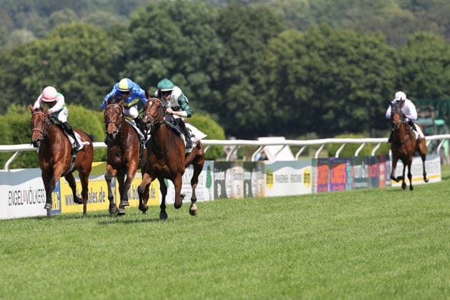 June 20, 2026, Düsseldorf, North Rhine-Westphalia, GER Kisha with Benjamin Marie, wearing a green cap, wins at the Düsseldorf Grafenberg Racetrack Horse, jockey, Kisha, Marie, victory, finish line, finish 260620SG713DUESSELDORF JPG,detected_source_language