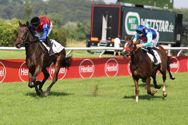 June 20, 2026, Düsseldorf, North Rhine-Westphalia, GER Galene (left) with Sibylle Vogt wins at the Düsseldorf Grafenberg Racetrack Horse, jockey, Galene, Vogt, victory, finish line, finish 260620SG736DUESSELDORF JPG,detected_source_language