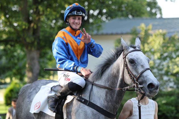 June 20, 2026, Düsseldorf, North Rhine-Westphalia, GER North Fire with Sibylle Vogt after the victory at the Düsseldorf Grafenberg Racetrack Horse, jockey, North Fire, Vogt, victory 260620SG749DUESSELDORF JPG,detected_source_language