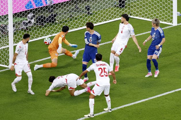 Football: 2026 World Cup Japan s Daichi Kamada (back, 3rd from L) scores the opening goal in the first half of a World Cup Group F football match against Tunisia at Monterrey Stadium in Guadalupe, Mexico, on June 20, 2026.  A14AA0005619594P