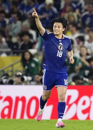 Football: 2026 World Cup Japan s Ayase Ueda reacts after scoring the team s second goal in the first half of a World Cup Group F football match against Tunisia at Monterrey Stadium in Guadalupe, Mexico, on June 20, 2026.  A14AA0005619624P