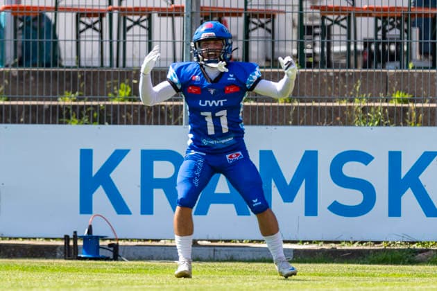 Touchdown-Jubel von Elias Kraljevic (Allgaeu Comets, WR, 11) GER, Pforzheim Wilddogs vs Allgaeu Comets, American Football, GFL, Saison 2026, Week 07, 20.06.2026, GER, Pforzheim Wilddogs vs Allgaeu Comets, American Football, GFL, Saison 2026, Week 07, 20.06.2026, Pforzheim *** Touchdown celebration by Elias Kraljevic, Allgäu Comets, WR, 11 GER, Pforzheim Wilddogs vs. Allgäu Comets, American football, GFL, 2026 season, Week 07, June 20, 2026, GER, Pforzheim Wilddogs vs. Allgäu Comets, American football, GFL, 2026 season, Week 07, June 20, 2026, Pforzheim,detected_source_language Copyright: xEibner-Pressefoto FlorianxWolfx EP_FWF