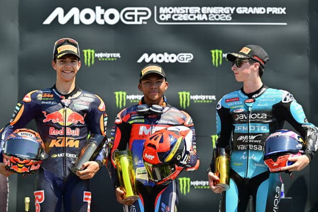 Czech Republic motorcycle Grand Prix, MotoGP World Championship, WM, Weltmeisterschaft Moto3 race, in Brno, Czech Republic, on June 21, 2026. From left second placed Alvaro Carpe of Spain, winner Hakim Danish of Malaysia and third placed Maximo Quiles of Spain. (CTKxPhoto VaclavxSalek) CTKPhotoP2026062102936  CTKPhotoP2026062102936