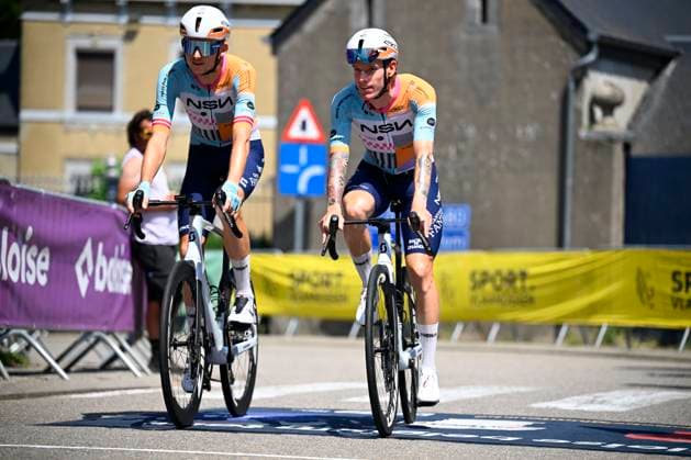 Baloise Belgium Tour 2026 Stage 5 HOEILAART, BELGIUM - JUNE 21 : Neilands Krists (LAT) of NSN Cycling Team, Stewart Jake (GBR) of NSN Cycling Team before the start of the race during stage 5 of the 95th edition of Baloise Tour of Belgium an UCI ProSeries 2.Pro cycling road race stage for Men Elite of 183.6 km with start in Gingelom and finish in Hoeilaart on June 21, 2026 in Hoeilaart, Belgium, 21 06 2026 ( Motordriver Stephan Boone - Hoeilaart Belgium  Copyright: xTomasxSiskx