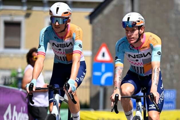 Baloise Belgium Tour 2026 Stage 5 HOEILAART, BELGIUM - JUNE 21 : Neilands Krists (LAT) of NSN Cycling Team, Stewart Jake (GBR) of NSN Cycling Team before the start of the race during stage 5 of the 95th edition of Baloise Tour of Belgium an UCI ProSeries 2.Pro cycling road race stage for Men Elite of 183.6 km with start in Gingelom and finish in Hoeilaart on June 21, 2026 in Hoeilaart, Belgium, 21 06 2026 ( Motordriver Stephan Boone - Hoeilaart Belgium  Copyright: xTomasxSiskx