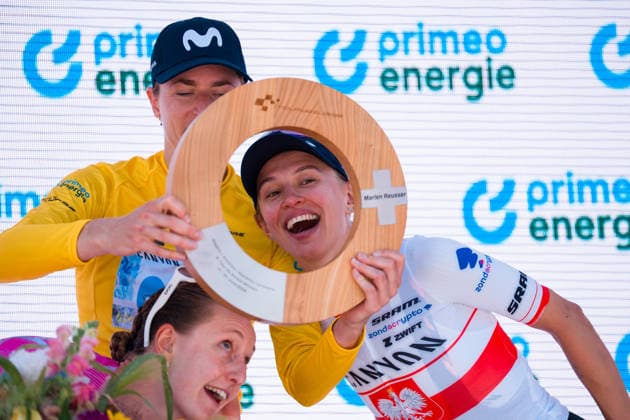 VILLARS-SUR-OLLON, SWITZERLAND - JUNE 21: L-R) Cedrine Kerbaol of France and EF Education-Oatly, Marlen Reusser of Switzerland and Movistar Team, Kasia Niewiadoma-Phinney of Poland and CANYON SRAM during the 89th Tour de Suisse 2026 on June 21, 2026 in Villars-sur-Ollon, Switzerland. *** VILLARS SUR OLLON, SWITZERLAND, JUNE 21 Copyright: xJustPictures.ch PascalxvonxBürenx jp-en-EuSpIm-Pavo_Fotografie-01332