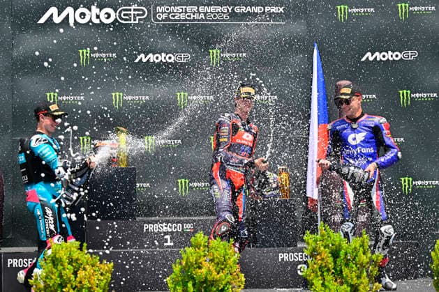 Czech Republic motorcycle Grand Prix, MotoGP World Championship, WM, Weltmeisterschaft Moto2 category, in Brno, Czech Republic, on June 21, 2026. From left second placed David Alonso of Columbia, winner Ivan Ortola of Spain and third placed Filip Salac of Czech Republic. (CTKxPhoto VaclavxSalek) CTKPhotoP2026062103322  CTKPhotoP2026062103322