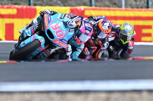 Czech Republic motorcycle Grand Prix, MotoGP World Championship, WM, Weltmeisterschaft Moto2 category, in Brno, Czech Republic, on June 21, 2026. From left David Alonso of Columbia, Ivan Ortola of Spain and Filip Salac of Czech Republic. (CTKxPhoto LubosxPavlicek) CTKPhotoP2026062103313  CTKPhotoP2026062103313