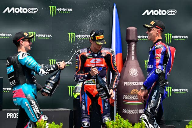 Czech Republic motorcycle Grand Prix, MotoGP World Championship, WM, Weltmeisterschaft Moto2 category, in Brno, Czech Republic, on June 21, 2026. From left second placed David Alonso of Columbia, winner Ivan Ortola of Spain and third placed Filip Salac of Czech Republic. (CTKxPhoto VaclavxSalek) CTKPhotoP2026062103353  CTKPhotoP2026062103353
