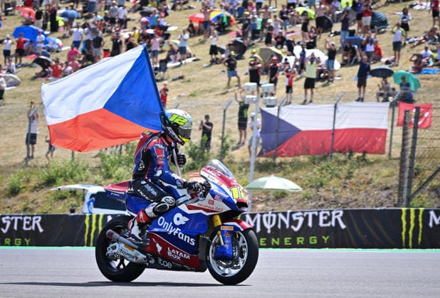Czech Republic motorcycle Grand Prix, MotoGP World Championship, WM, Weltmeisterschaft Moto2 category, in Brno, Czech Republic, on June 21, 2026. Third placed Filip Salac of Czech Republic, OnlyFans American Racing Team. (CTKxPhoto LubosxPavlicek) CTKPhotoP2026062103273  CTKPhotoP2026062103273
