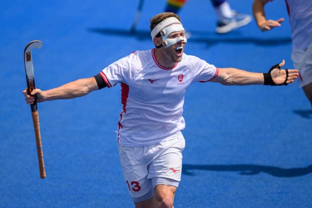 England Men v Australia Men Men s FIH Pro League Sam Ward of England Men celebrates the team™s third goal against Australia Men during the Men s FIH Pro League match at Lee Valley Hockey Tennis Centre, Stratford 21 06 2026 UK Newspapers OUT Copyright: xGraemexWilcocksonx FIL-23567-0007