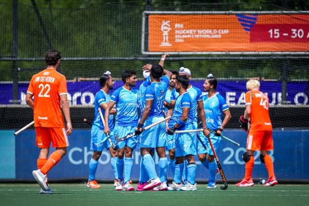 ROTTERDAM, 21-06-2026, HC Rotterdam, FIH Hockey Pro League Men, Season 2025-2026. Match between Netherlands and India (2nd match) , Picture shows India celebrates the 0-1 Netherlands - India (2nd match)  x204527631x Copyright: