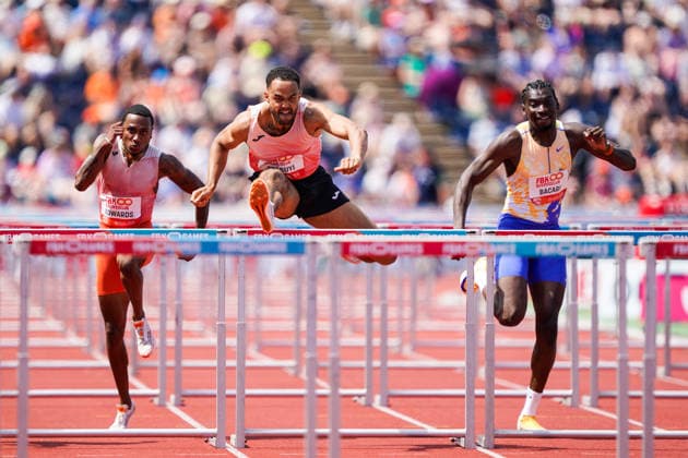 Sport Bilder des Tages 2026-06-21 - FBK Games 2026 HENGELO, NETHERLANDS - JUNE 21: Eric Edwards of USA, Michael Obasuyi of Belgium, Elie Bacari of Belgium during the FBK Games 2026 at the FBK Stadion on June 21, 2026 in Hengelo, Netherlands Hengelo FBK Stadion Netherlands Content not available for redistribution in The Netherlands directly or indirectly through any third parties. Copyright: xAndrexWeeningx