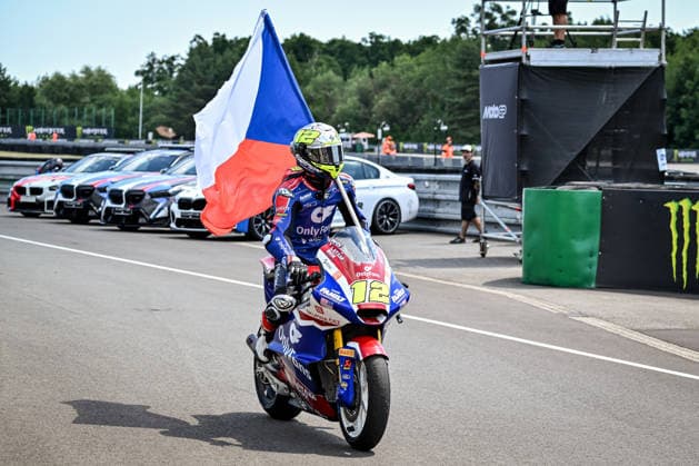 Czech Republic motorcycle Grand Prix BRNO, CZECH REPUBLIC - JUNE 21: Third placed Czech Moto2 rider Filip Salac of OnlyFans American Racing Team celebrates on podium after the race at the Masaryk Circuit in Brno, Czech Republic, 21 June 2026. Lukas Kabon Anadolu Brno Czech Republic. Editorial use only. Please get in touch for any other usage.  Copyright: x2026xAnadoluxLukasxKabonx