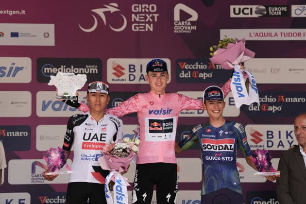 Brazil s Henrique Ribeiro Bravo of Soudal Quick-Step Devo Team third-place, Ecuador s Pablo Mateo Ramirez Torres of UAE Team Emirates Gen-Z second-place, The pink jersey Italy s Lorenzo Mark Finn of Red Bull - Bora - Hansgrohe Rookies first-place celebrate on the podium after the Stage 8 during Stage 8 of the Giro Next Gen 2026 Individual Time Trial, from Villa Sant Angelo to L Aquila, Italy, Sunday, June 21, 2026.  Copyright: xMassimoxPaolone LaPressex