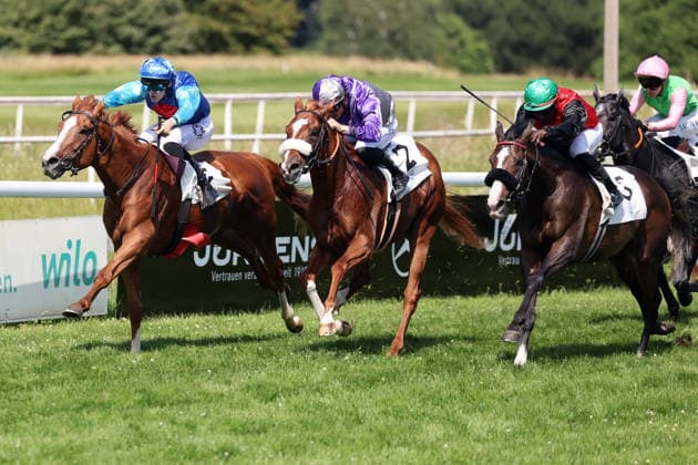 21.06.2026, Dortmund, Nordrhein-Westfalen, GER - Quitos (links) mit Leon Wolff gewinnt. Galopprennbahn Dortmund-Wambel. (Pferd, Jockey, Quitos, Wolff, Sieg, Ziel, Zielankunft) 260621SG993DORTMUND.JPG *** June 21, 2026, Dortmund, North Rhine-Westphalia, GER