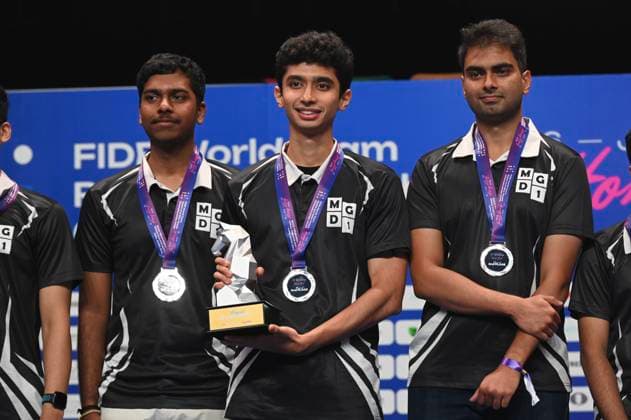 RECORD DATE NOT STATED HONG KONG-SPORTS RAPID CHESS Arjun Erigaisi and Team MGD1 getting Rapid 1st Runner-up and posing photo at FIDE World Team Rapid and Blitz Chess Championships 2026 in Hong Kong, June 21, 2026. NEXPHER Kobe Li Hong Kong