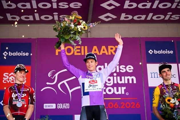 Baloise Belgium Tour 2026 Stage 5 HOEILAART, BELGIUM - JUNE 21 : Philipsen Jasper (BEL) of Alpecin Premier Tech, Aranburu Alex (ESP) of Cofidis, Berckmoes Jenno (BEL) of Lotto Intermarche on the podium during stage 5 of the 95th edition of Baloise Tour of Belgium an UCI ProSeries 2.Pro cycling road race stage for Men Elite of 183.6 km with start in Gingelom and finish in Hoeilaart on June 21, 2026 in Hoeilaart, Belgium, 21 06 2026 ( Motordriver Stephan Boone - Hoeilaart Belgium  Copyright: xTomasxSiskx
