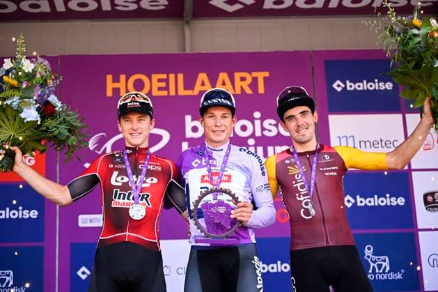 Baloise Belgium Tour 2026 Stage 5 HOEILAART, BELGIUM - JUNE 21 : Philipsen Jasper (BEL) of Alpecin Premier Tech, Aranburu Alex (ESP) of Cofidis, Berckmoes Jenno (BEL) of Lotto Intermarche on the podium during stage 5 of the 95th edition of Baloise Tour of Belgium an UCI ProSeries 2.Pro cycling road race stage for Men Elite of 183.6 km with start in Gingelom and finish in Hoeilaart on June 21, 2026 in Hoeilaart, Belgium, 21 06 2026 ( Motordriver Stephan Boone - Hoeilaart Belgium  Copyright: xTomasxSiskx