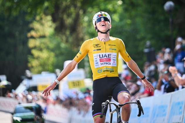 Tour de Suisse 2026 Stage 5 VILLARS-SUR-OLLON, SWITZERLAND - JUNE 21 : Pogacar Tadej (SLO) of UAE Team Emirates XRG celebrating his victory during stage 5 of the 89th edition of Tour de Suisse an UCI World Tour 2.UWT cycling road race stage for Men Elite of 151.1 km with start in Villars-sur-Ollon and finish in Villars-sur-Ollon on June 21, 2026 in Villars-sur-Ollon, Switzerland, 21 06 2026 ( Motordriver Guy De Vuyst - Villars-sur-Ollon Switzerland  Copyright: xVincentxKalutx