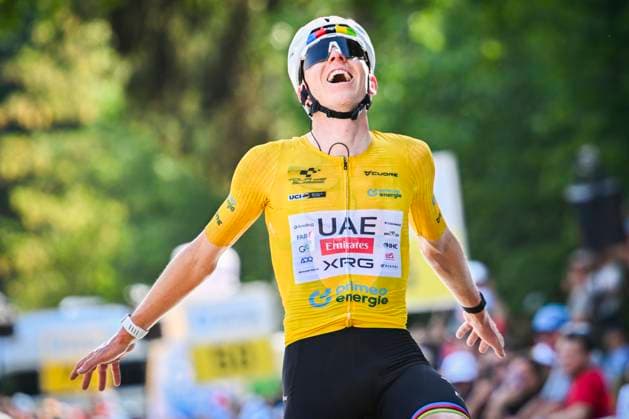 Tour de Suisse 2026 Stage 5 VILLARS-SUR-OLLON, SWITZERLAND - JUNE 21 : Pogacar Tadej (SLO) of UAE Team Emirates XRG celebrating his victory during stage 5 of the 89th edition of Tour de Suisse an UCI World Tour 2.UWT cycling road race stage for Men Elite of 151.1 km with start in Villars-sur-Ollon and finish in Villars-sur-Ollon on June 21, 2026 in Villars-sur-Ollon, Switzerland, 21 06 2026 ( Motordriver Guy De Vuyst - Villars-sur-Ollon Switzerland  Copyright: xVincentxKalutx