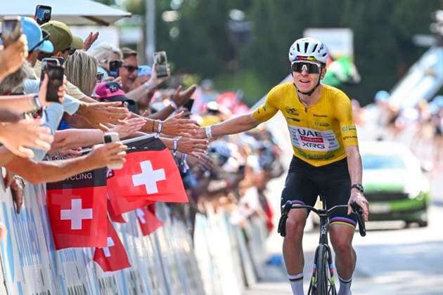 Tour de Suisse 2026 Stage 5 VILLARS-SUR-OLLON, SWITZERLAND - JUNE 21 : Pogacar Tadej (SLO) of UAE Team Emirates XRG celebrating his victory during stage 5 of the 89th edition of Tour de Suisse an UCI World Tour 2.UWT cycling road race stage for Men Elite of 151.1 km with start in Villars-sur-Ollon and finish in Villars-sur-Ollon on June 21, 2026 in Villars-sur-Ollon, Switzerland, 21 06 2026 ( Motordriver Guy De Vuyst - Villars-sur-Ollon Switzerland  Copyright: xVincentxKalutx