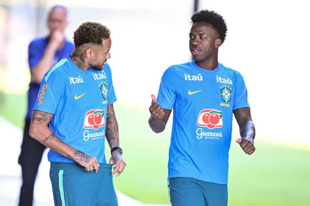 Neymar (Brazil) and Vinicius Junior (Brazil) gestures during the Brazil training session at Columbia Park Training Facility on June 21, 2026 in Morristown, New Jersey. (Photo by Harry Langer DeFodi Images) - *** Neymar (Brazil) and Vinicius Junior (Brazil) gesturing during the Brazil training session at Columbia Park Training Facility on June 21, 2026, in Morristown, New Jersey. Photo by Harry Langer, DeFodi Images,detected_source_language