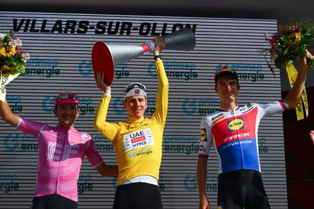 Tour de Suisse 2026 Stage 5 VILLARS-SUR-OLLON, SWITZERLAND - JUNE 21 : Carapaz Richard (ECU) of EF Education EasyPost, Pogacar Tadej (SLO) of UAE Team Emirates XRG, Vacek Mathias (CZE) of Lidl Trek on the podium during stage 5 of the 89th edition of Tour de Suisse an UCI World Tour 2.UWT cycling road race stage for Men Elite of 151.1 km with start in Villars-sur-Ollon and finish in Villars-sur-Ollon on June 21, 2026 in Villars-sur-Ollon, Switzerland, 21 06 2026 ( Motordriver Guy De Vuyst - Villars-sur-Ollon Switzerland  Copyright: xVincentxKalutx