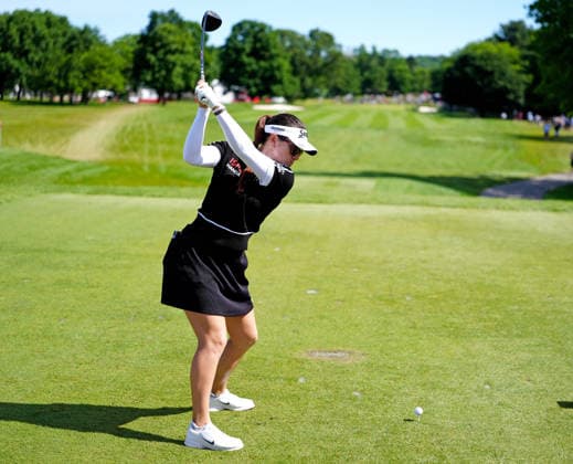 BELMONT, MI - JUNE 21: LPGA, Golf Damen golfer Hannah Green plays her tee shot on the 3rd hole on June 21, 2026, during the final round of the LPGA Meijer LPGA Classic for Simply Give at Blythefield Country Club in Belmont, Michigan. (Photo by Brian Spurlock Icon Sportswire) GOLF: JUN 21 LPGA Meijer LPGA Classic for Simply Give EDITORIAL USE ONLY Icon26062117