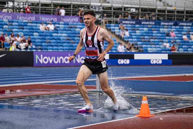 RECORD DATE NOT STATED 21st June 2026; Alexander Stadium, Birmingham, West Midlands, England; 2026 Novuna UK Athletics Championships; Kristian Imroth of Shaftesbury Barnet Harriers tackles the water jump on his way to winning the mens 3000m steeplechase GodfreyxPitt