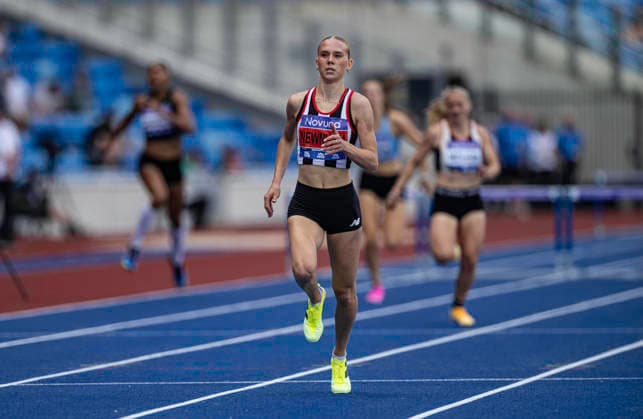 RECORD DATE NOT STATED 21st June 2026; Alexander Stadium, Birmingham, West Midlands, England; 2026 Novuna UK Athletics Championships; Emily Newnham of Shaftesbury Barnet Harriers celebrates winning the final of the womens 400m hurdles GodfreyxPitt