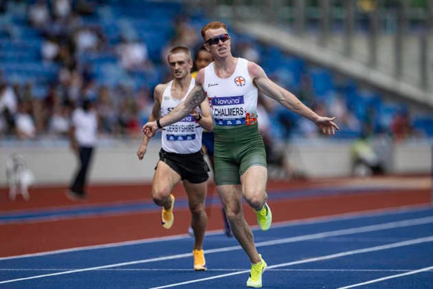 RECORD DATE NOT STATED 21st June 2026; Alexander Stadium, Birmingham, West Midlands, England; 2026 Novuna UK Athletics Championships; Alastair Chalmers of Guernsey AC celebrates winning the final of the mens 400m hurdles GodfreyxPitt