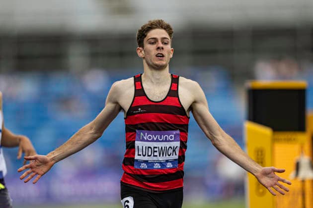 RECORD DATE NOT STATED 21st June 2026; Alexander Stadium, Birmingham, West Midlands, England; 2026 Novuna UK Athletics Championships; Arlo Ludewick of Herne Hill Harriers celebrates winning the final of the mens 1500m GodfreyxPitt
