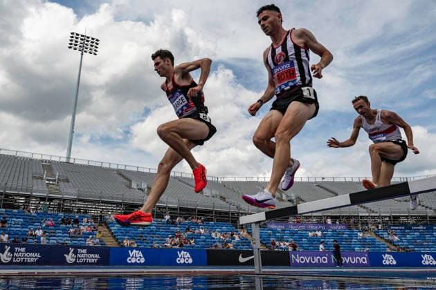 RECORD DATE NOT STATED 21st June 2026; Alexander Stadium, Birmingham, West Midlands, England; 2026 Novuna UK Athletics Championships; Kristian Imroth of Shaftesbury Barnet Harriers competing in the mens 3000m steeplechase which he wins GodfreyxPitt