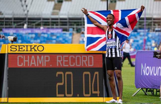 RECORD DATE NOT STATED 21st June 2026; Alexander Stadium, Birmingham, West Midlands, England; 2026 Novuna UK Athletics Championships; Zharnel Hughes of Shaftesbury Barnet Harriers celebrates winning the mens 200m in a championship record time GodfreyxPitt