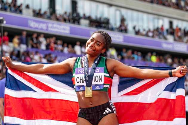 RECORD DATE NOT STATED 21st June 2026; Alexander Stadium, Birmingham, West Midlands, England; 2026 Novuna UK Athletics Championships; Success Eduan of Sale Harriers celebrates winning the womens 200m GodfreyxPitt