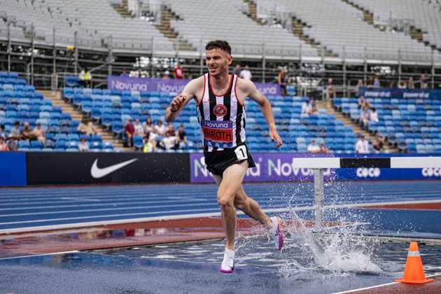 RECORD DATE NOT STATED 21st June 2026; Alexander Stadium, Birmingham, West Midlands, England; 2026 Novuna UK Athletics Championships; Kristian Imroth of Shaftesbury Barnet Harriers tackles the water jump on his way to winning the mens 3000m steeplechase GodfreyxPitt