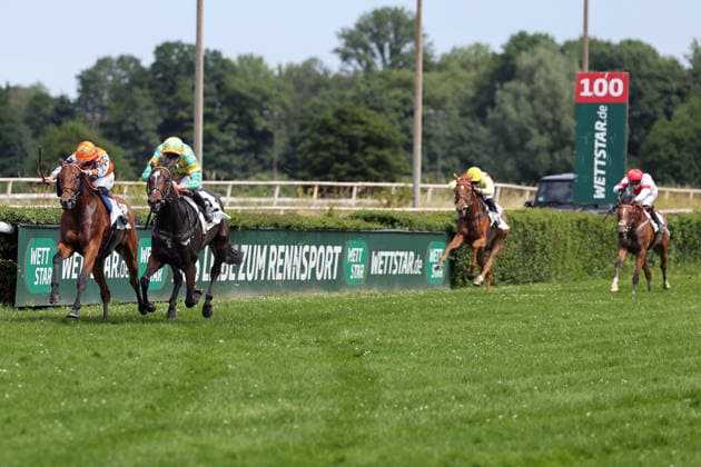 21.06.2026, Dortmund, Nordrhein-Westfalen, GER - Arabia (Zweite von links) mit Benjamin Marie gewinnt. Galopprennbahn Dortmund-Wambel. (Pferd, Jockey, Arabia, Marie, Sieg, Ziel, Zielankunft) 260621SG906DORTMUND.JPG *** June 21, 2026, Dortmund, North Rhine-Westphalia, GER