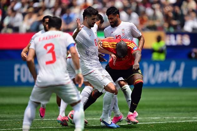 Belgium s Romelu Lukaku fights for the ball during a soccer game between Belgian national team, Nationalteam Red Devils and Iran, on Sunday 21 June 2026, at the SoFi stadium in Los Angeles, the second game in the group stage of the FIFA World Cup, WM, Weltmeisterschaft, Fussball 2026 in the United States of America. The Diables Rouges - Rode Duivels were drawn into Group G. DIRKxWAEM  x178653423x