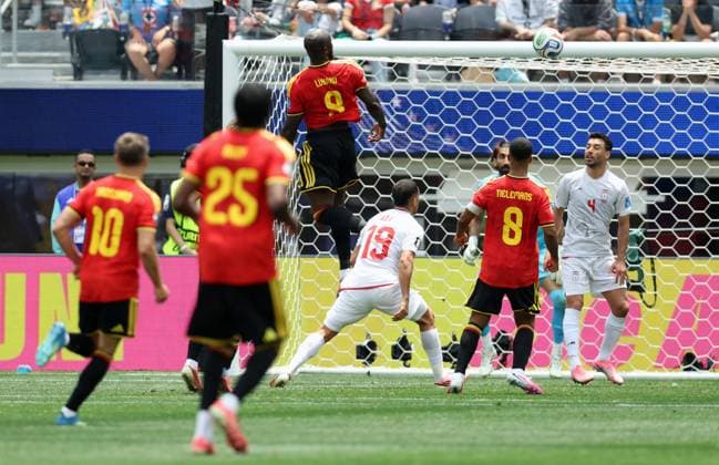 Belgium s Romelu Lukaku heads the ball during a soccer game between Belgian national team, Nationalteam Red Devils and Iran, on Sunday 21 June 2026, at the SoFi stadium in Los Angeles, the second game in the group stage of the FIFA World Cup, WM, Weltmeisterschaft, Fussball 2026 in the United States of America. The Diables Rouges - Rode Duivels were drawn into Group G. BRUNOxFAHY  x178653625x
