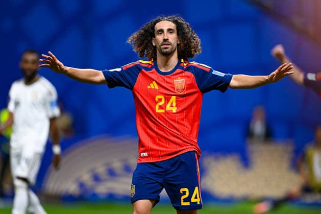 ATLANTA, GA - JUNE 21: Marc Cucurella 24 of Spain reacts after a second-half goal during the FIFA World Cup, WM, Weltmeisterschaft, Fussball 2026 Group H match between Spain and Saudi Arabia on June 21st, 2026 at Atlanta Stadium in Atlanta, GA. (Photo by Rich von Biberstein Icon Sportswire) SOCCER: JUN 21 FIFA World Cup 26 Group H - Spain vs Saudi Arabia EDITORIAL USE ONLY Icon260621004