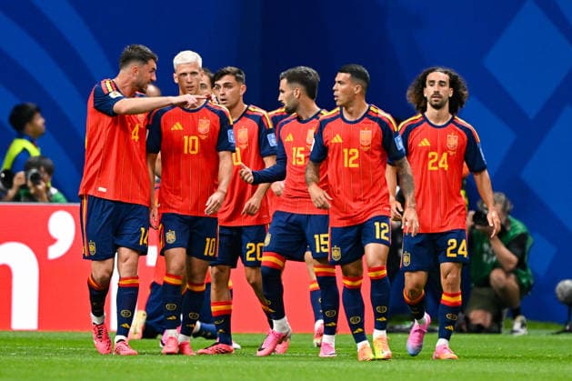ATLANTA, GA - JUNE 21: The Spain players react after a first-half goal during the FIFA World Cup, WM, Weltmeisterschaft, Fussball 2026 Group H match between Spain and Saudi Arabia on June 21st, 2026 at Atlanta Stadium in Atlanta, GA. (Photo by Rich von Biberstein Icon Sportswire) SOCCER: JUN 21 FIFA World Cup 26 Group H - Spain vs Saudi Arabia EDITORIAL USE ONLY Icon260621061