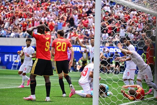 Belgium s Romelu Lukaku and Belgium s Hans Vanaken react during a soccer game between Belgian national team, Nationalteam Red Devils and Iran, on Sunday 21 June 2026, at the SoFi stadium in Los Angeles, the second game in the group stage of the FIFA World Cup, WM, Weltmeisterschaft, Fussball 2026 in the United States of America. The Diables Rouges - Rode Duivels were drawn into Group G. DIRKxWAEM  x178658250x