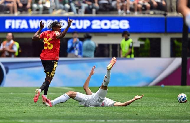 Belgium s Nathan Ngoy commits a fault during a soccer game between Belgian national team, Nationalteam Red Devils and Iran, on Sunday 21 June 2026, at the SoFi stadium in Los Angeles, the second game in the group stage of the FIFA World Cup, WM, Weltmeisterschaft, Fussball 2026 in the United States of America. The Diables Rouges - Rode Duivels were drawn into Group G. DIRKxWAEM  x178659370x